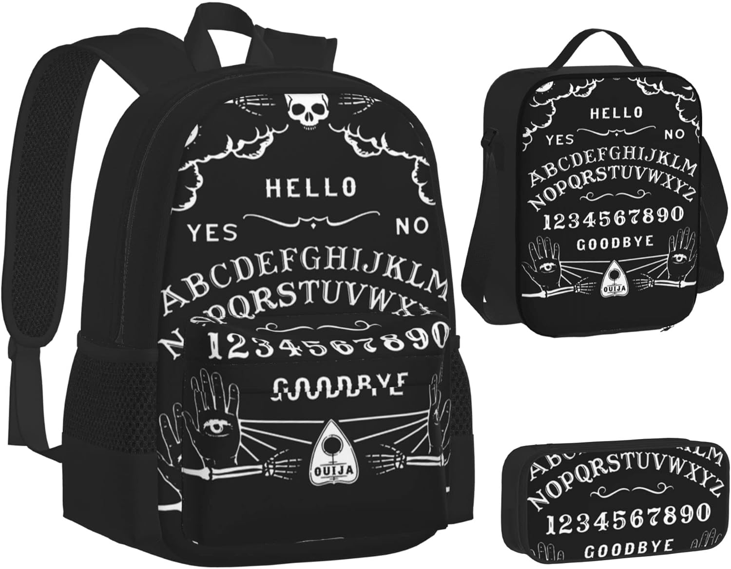 School Backpack sets 3 piece Teens Studentss (Skeleton Spirit Board Tattoo Black) Book Bag+Lunch Bag+Pencil Case Cute College Work Gym Hiking Fishing Computer Bag, One Size