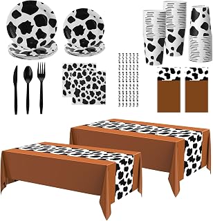 Oudain 222 Pcs Cow Dinnerware Set for 20 Guest Cow Tablecloth Plates and Napkins Cowgirl Party Decorations Cowboy Table Runner Plastic Black White Party Supplies(Brown,Classic)