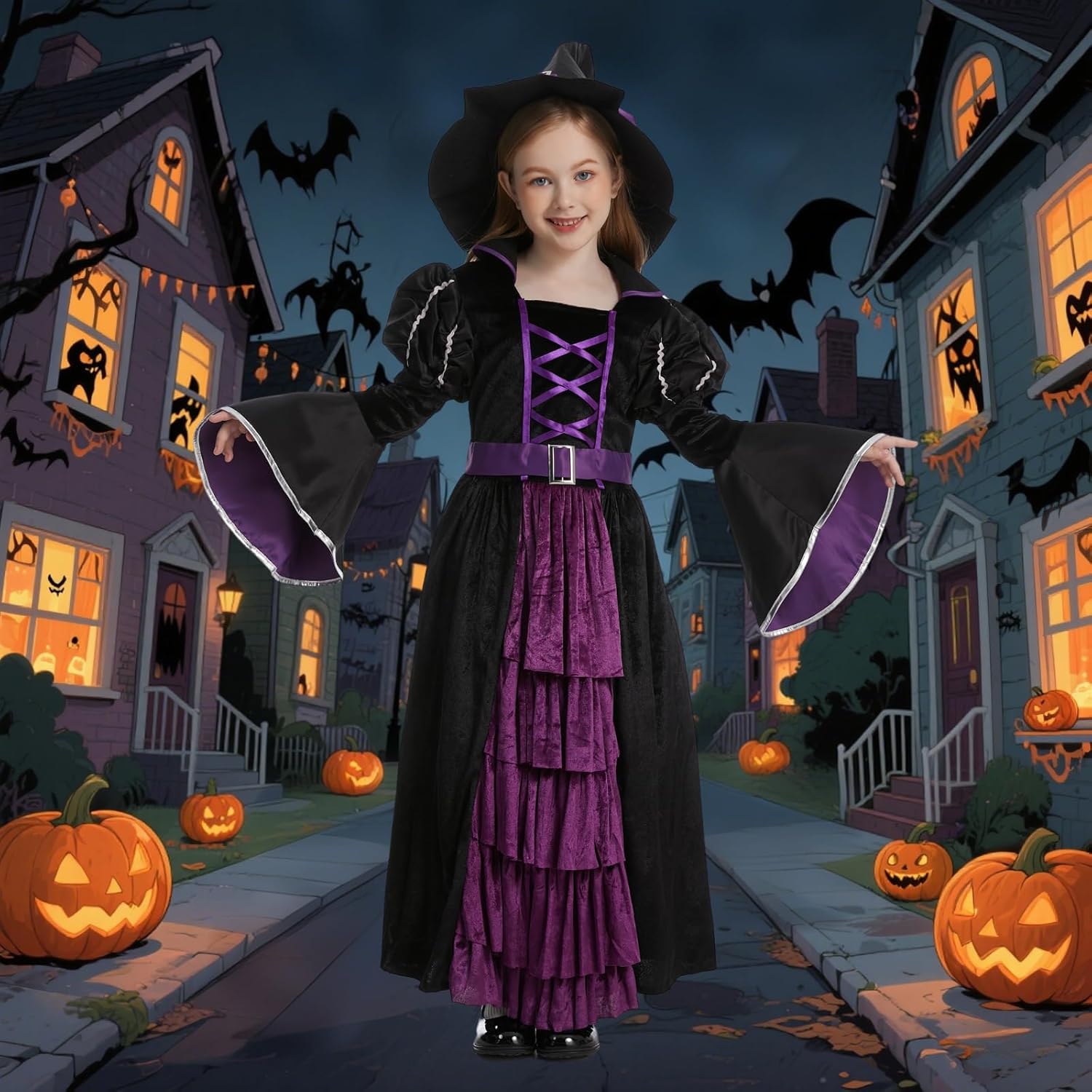 yolsun Purple Witch Costume for Girls Bubble Sleeve Halloween Witch Dress for Kids - Image 3