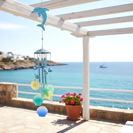 Dolphin Glass Windchimes Unique Metal Wind Chimes for Outside, Seaside Memorial Windchimes Outdoors, Outdoor Metal Wind Chimes, Home Gifts for Women Men, Patio Porch Garden Decor