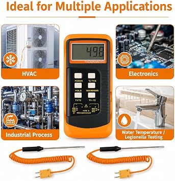 Digital Thermometer Legionella Testing Kit, 6802 II Dual Channel Thermocouples Temperature Meter Gauge with 2 K-Type Probes LCD Display
