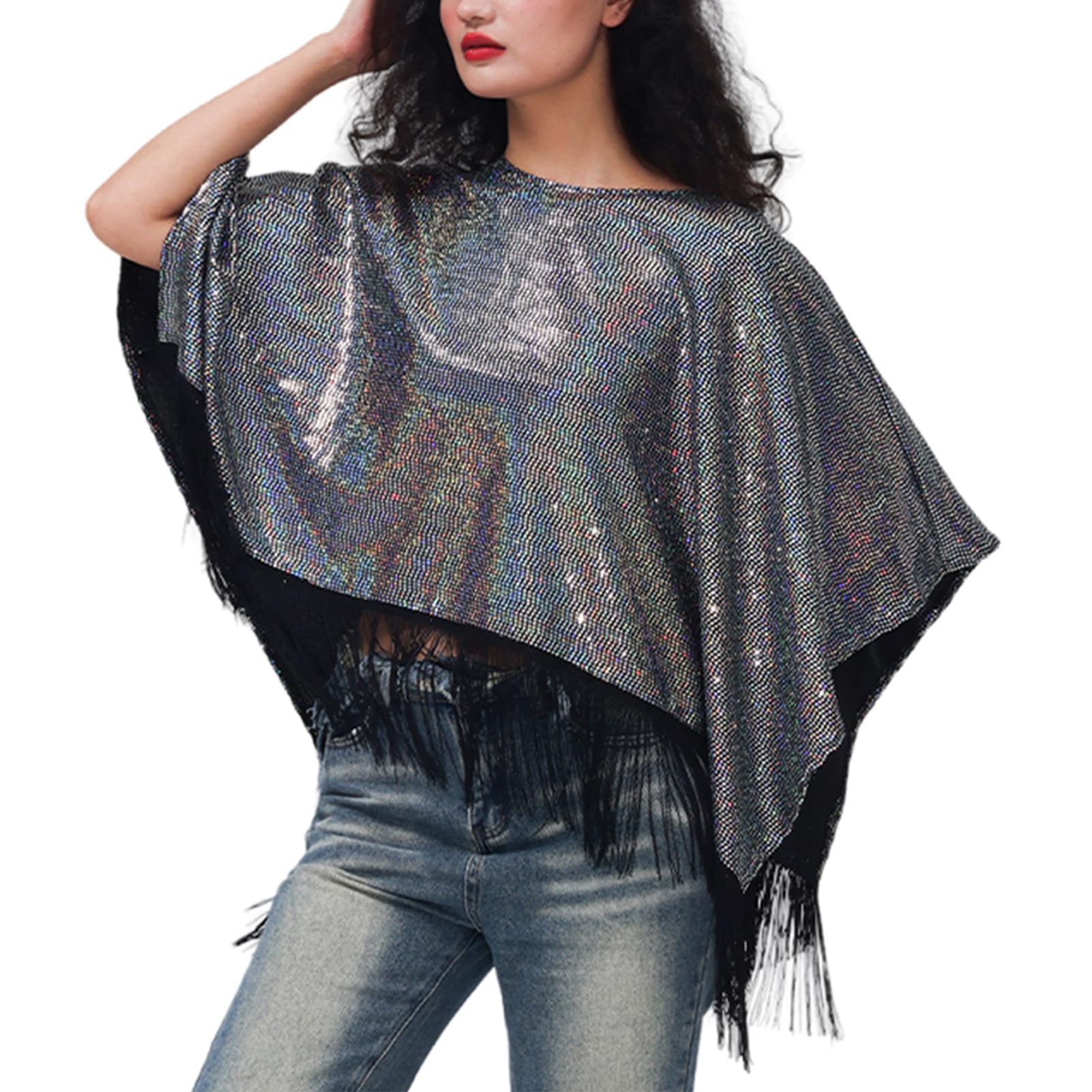 AGYMNX Women Metallic Shawl: Loose Laser Tassel Sequins Cape - Fashion Poncho Top Cover Up for Music Festival, Rock, Concert, Carnival sliver sequins One size fit
