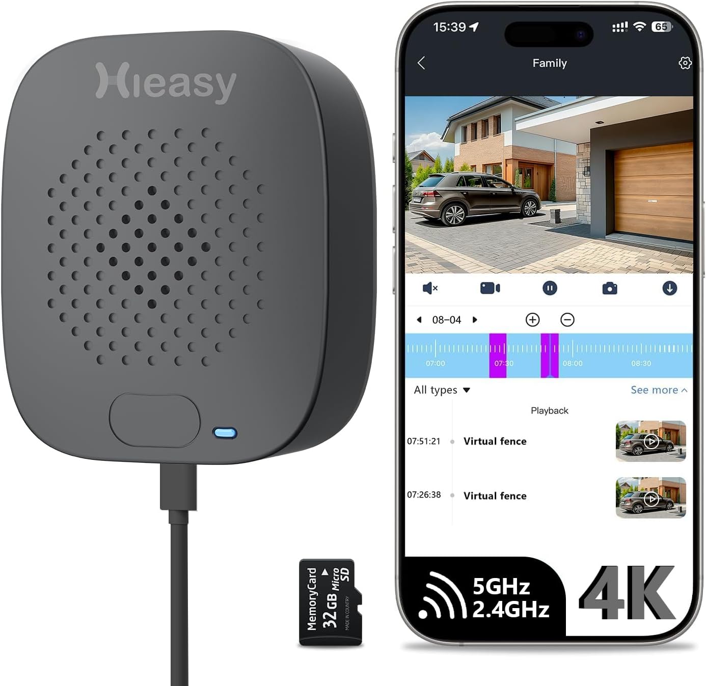 HIEASY 8MP 4K Window Security Camera, Dual-Band 2.4/5GHz WiFi Glass-Mount Camera, Anti-Reflection Night Vision, AI Human Detection, 24/7 Continuous Recording, Includes 32GB SD Card, Black (4K-Black)