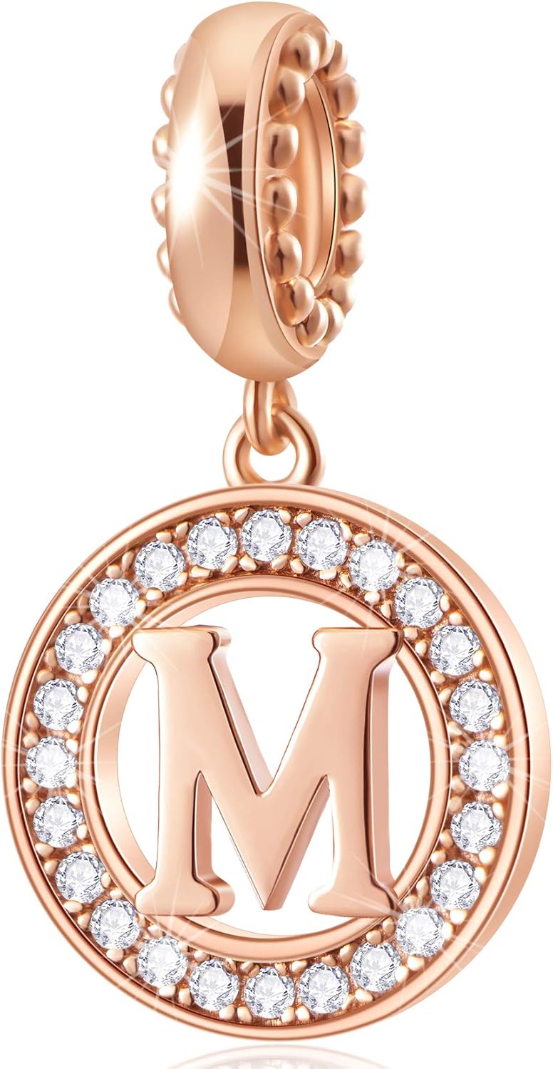 Initial A-Z Letter Charm Bead, Alphabet Charms Rose Gold, Authentic 925 Sterling Silver Charms fit Pandora Charm Bracelets, Necklace, Circle Dangle Charm for Women, Sparkling Clear Stone