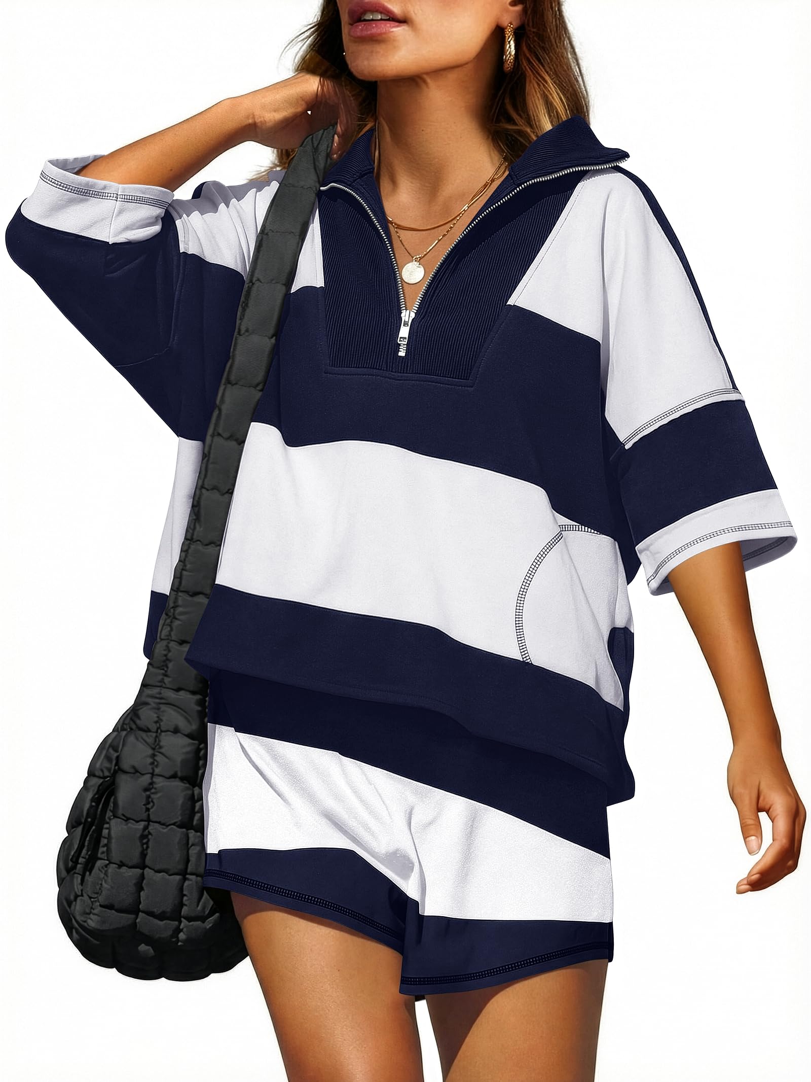 Striped Short Sets for Women 2 Piece Outfits Summer Casual Oversized Workout Athletisure Travel Lounge Matching Sets-image-19