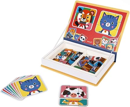 Janod Magnetibook 80 pc Magnetic Mix and Match Animal Faces Game for Creativity and Motor Skills. Book Shaped Travel/Storage Case Included - S.T.E.M. Toy for Ages 3+, Multicolor