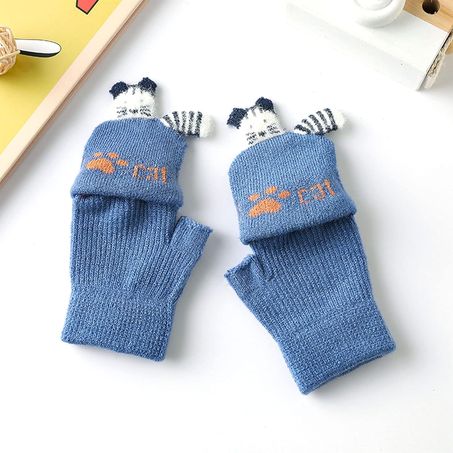 OhMill Kids Cartoon Cat Footprint Cute Baby Gloves Flap Cover Knit Mittens Half Finger Gloves for Boys Girls Birthday Festive Gift (Blue), Medium