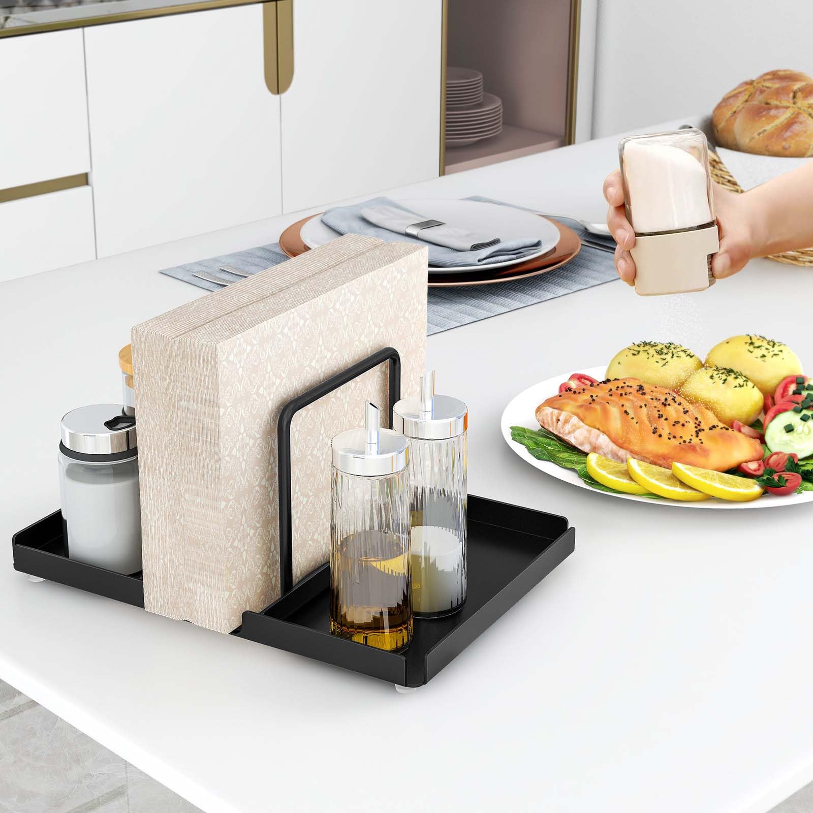 Porte-Serviettes De Table Noir Métal Avec Plateau – Distributeur Serviettes Élégant Multifonction Cuisine & Restaurant