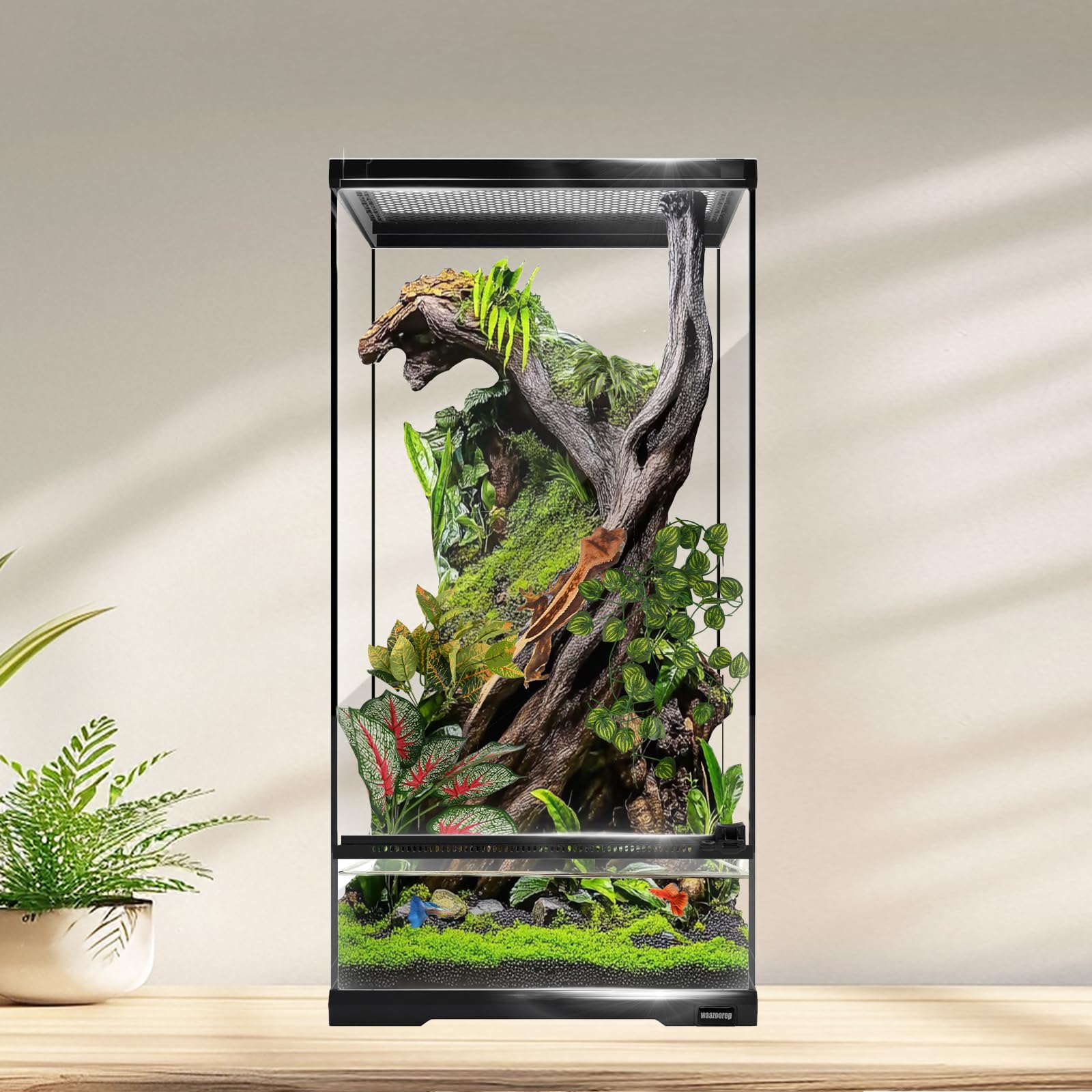Tanque de vidrio para reptiles de 15 galones de alto de 12 x 12 x 24 pulgadas con sistema de drenaje, jaula vertical premontada para gecos arbóreos, camaleón, lagarto, rana de árbol y
