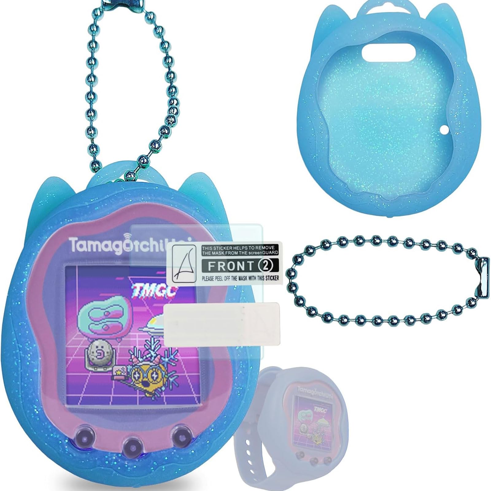 Custodia in silicone di ricambio per Tamagotchi Uni, pellicola protettiva per Tamagotchi Uni Band accessori per animali domestici (custodia in silicone blu e pellicola protettiva)
