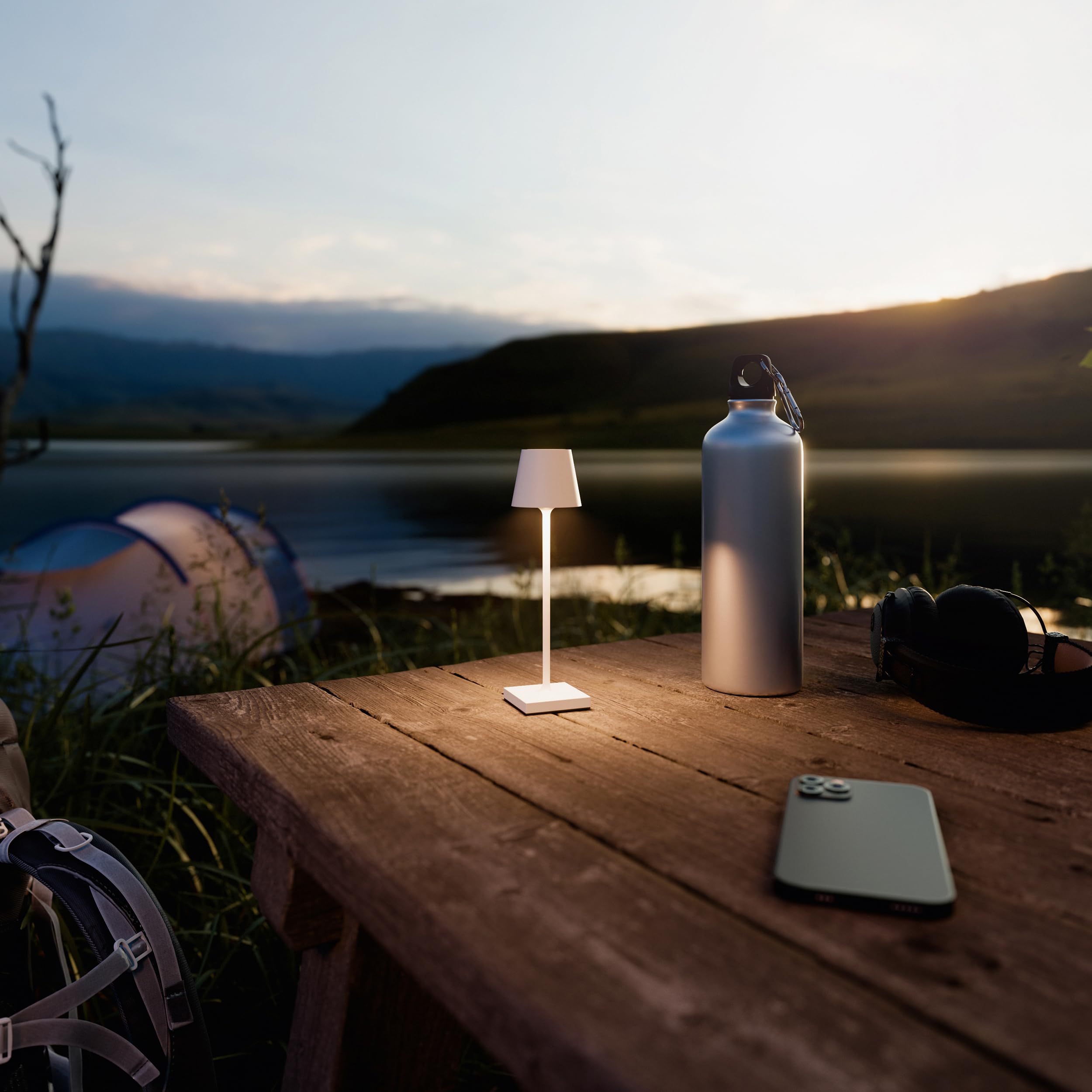 SIGOR Nuindie pocket - Dimmbare kleine LED Akku-Tischlampe Indoor & Outdoor, IP54 spritzwassergeschützt, Höhe 21 cm, aufladbar mit USB-C, 7 h Leuchtdauer, schneeweiß