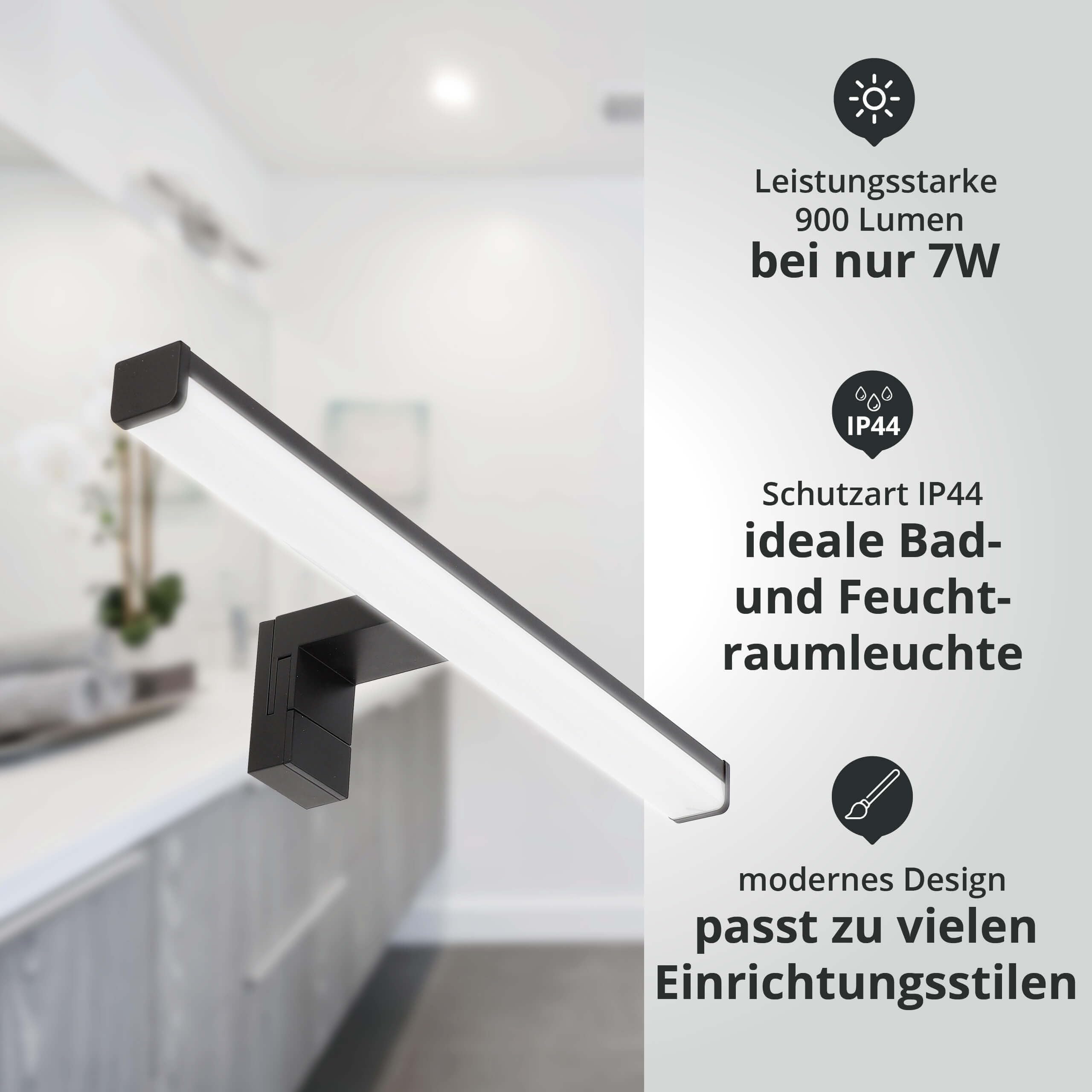 LED Universum - moderne LED Spiegelleuchte Monica 2-er Set 40cm schwarz eckig 7,4W 900lm 4000K IP44 für Badezimmer, Spiegel oder als Bilderleuchte, Steck- Klemm- Wandmontage