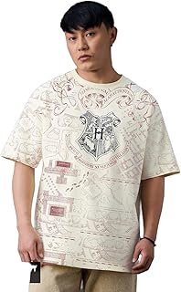 The Souled Store Official Harry Potter: Marauder's Map (Solar) Men and Boys Short Sleeves Round Neck Cream Graphic Printed...