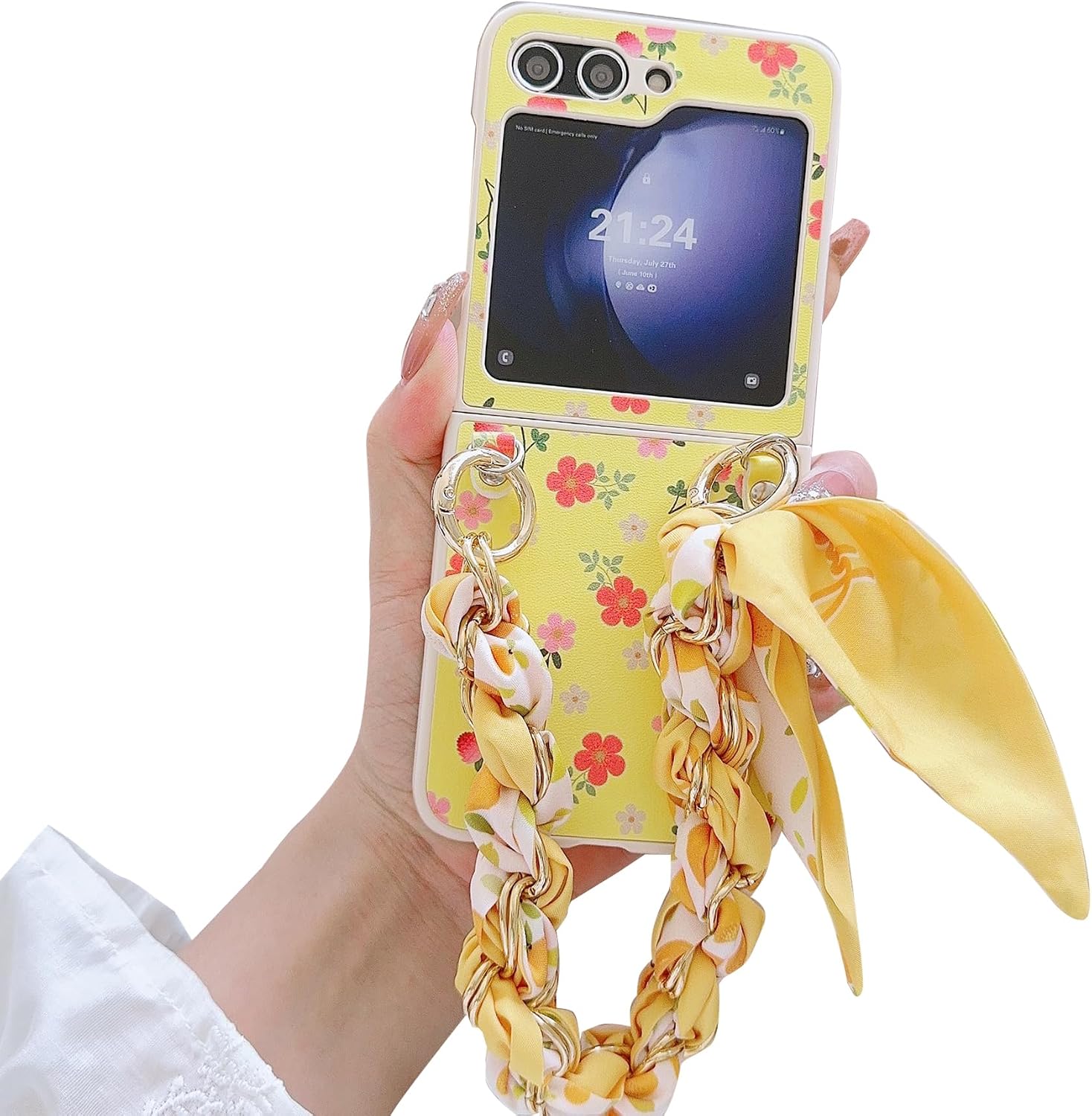 Cute Floral Samsung Galaxy Z Flip 6 Case with Chain, Shockproof Protective Slim Flip Cover (Yellow)