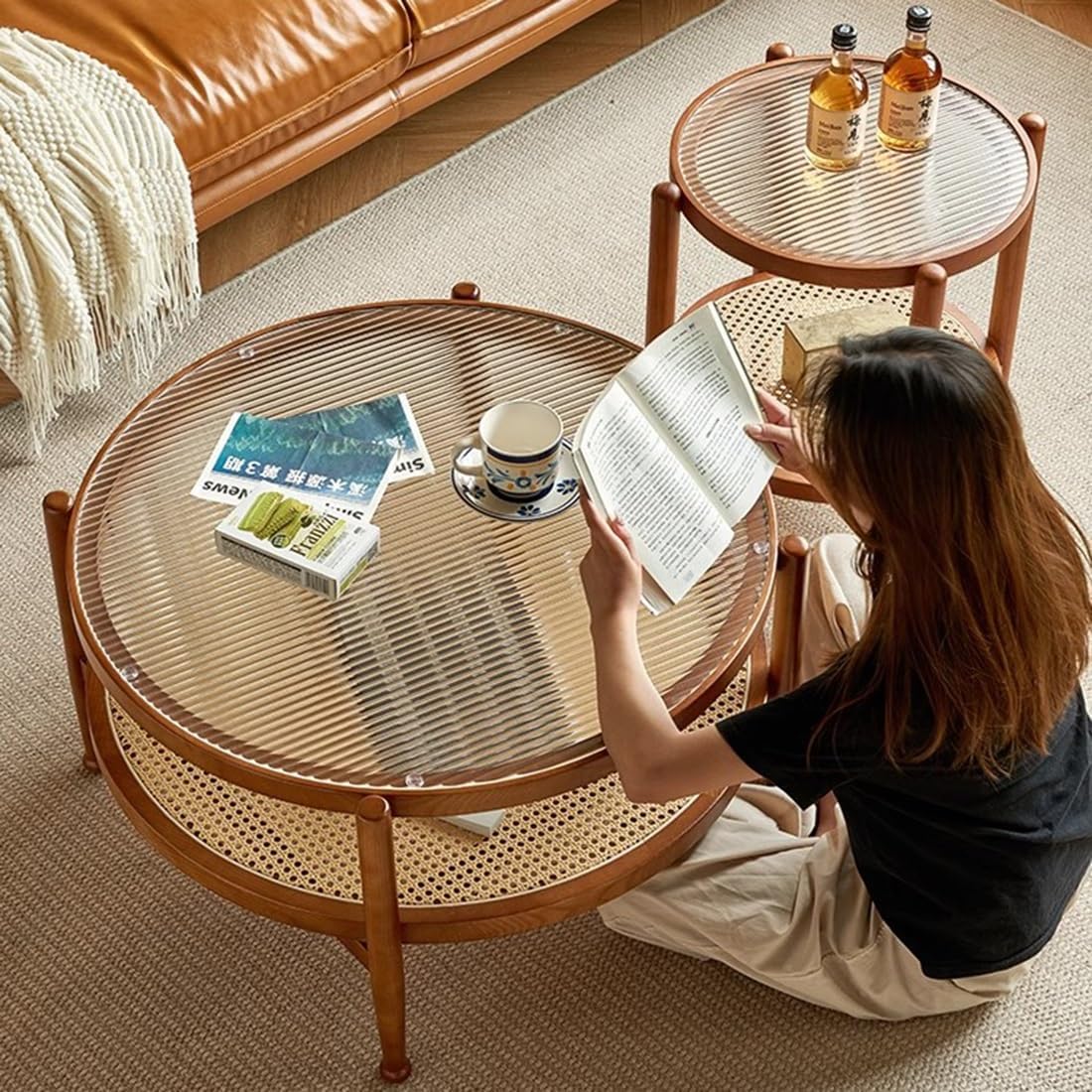 2-Piece Set Modern Round Coffee Tables, Nesting Tea Center Eating Tables Living Room, Wood Finish Coffee Tablw Set, Sofa Side Living Room Bedroom Coffee Table Side Table(51 * 65CM/20 * 23.8IN)