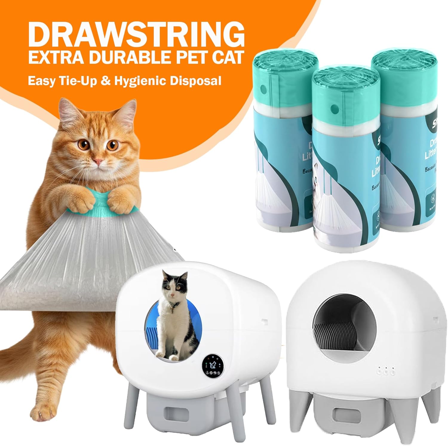 150 Count Cat Litter Liners Best Compatible With Cumrige, Petpivot Autoscooper,Casa Leo,Fsitego,Fumoi & Robot 3 & 4 Litter Boxes Leak & Tear- Proof Heavy Duty Drawstring for Easy Cleaning