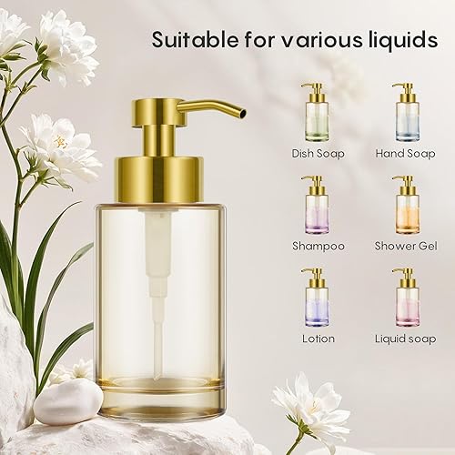 Miniatura 5 de Dispensador de jabón de vidrio con bomba de acero inoxidable, paquete de 2, dispensador de jabón líquido de manos de vidrio grueso de 12 onzas para