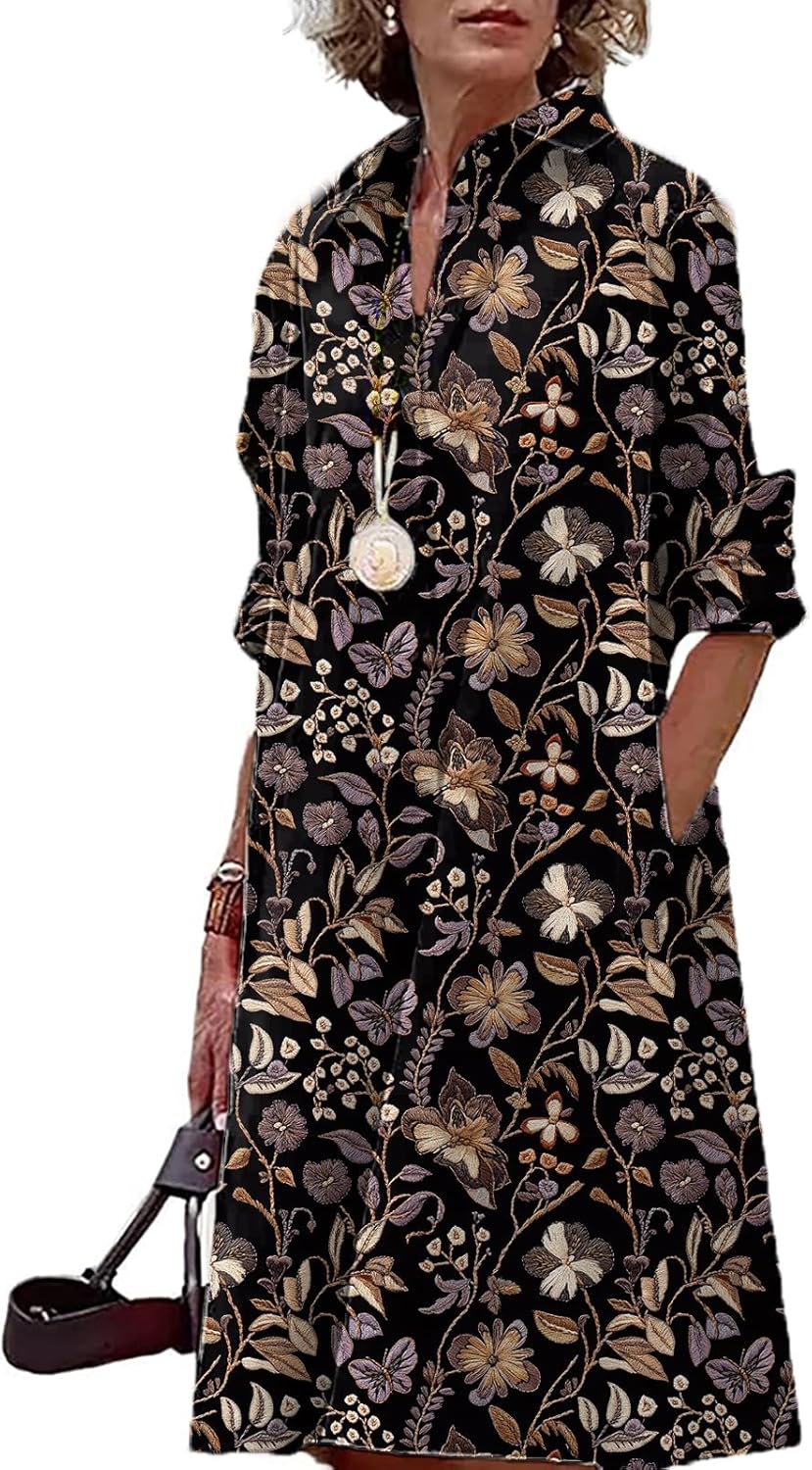 domirica Button Down Shirt Dress for Women Floral Long Sleeve Collared A Line 2025 Summer Fashion Trendy Casual Midi Dress