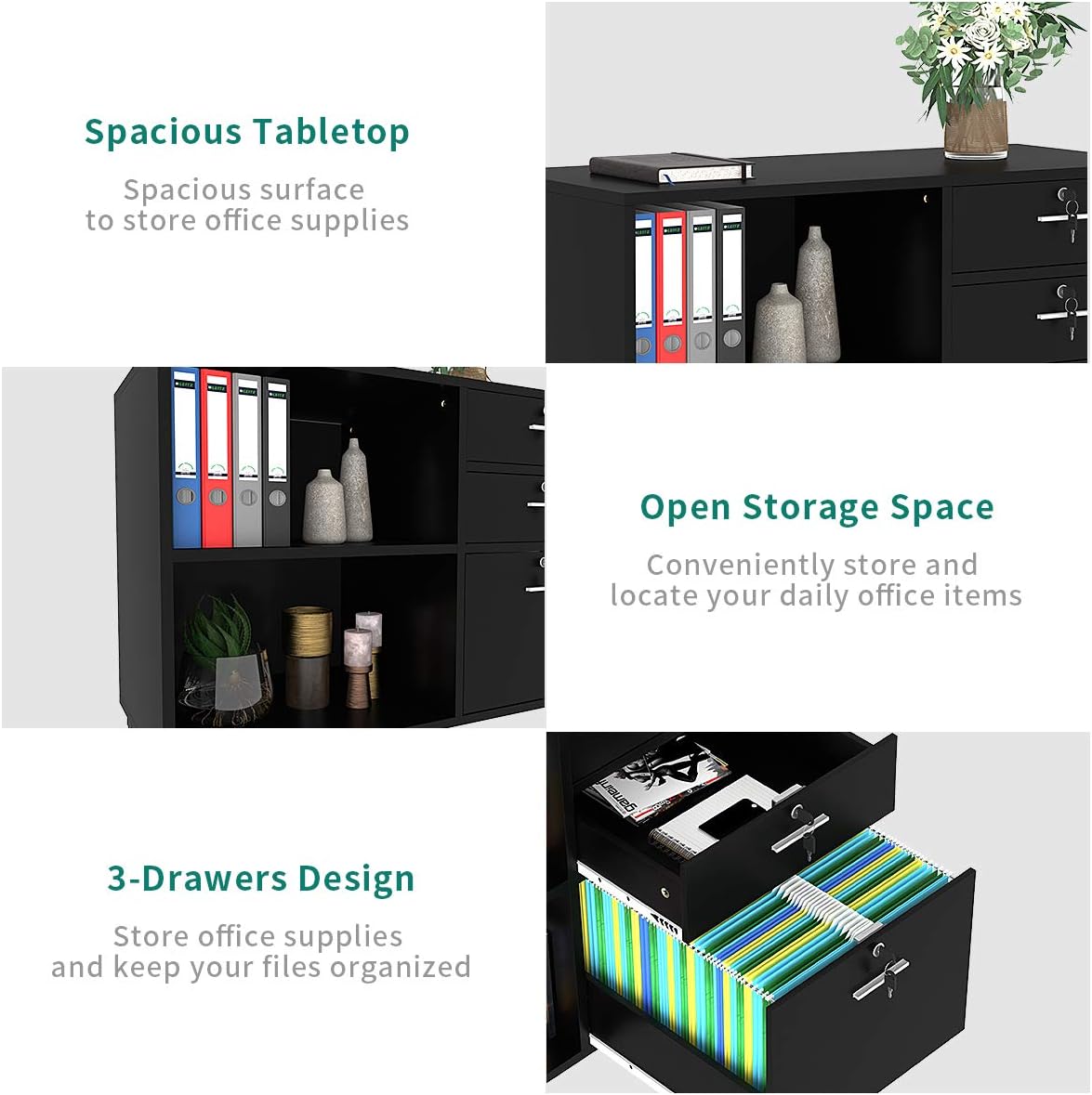 YITAHOME Wood File Cabinet, 3 Drawer Mobile Lateral Filing Cabinet, Storage Cabinet Printer Stand with 2 Open Shelves for Home Office Organization, Black : Office Products