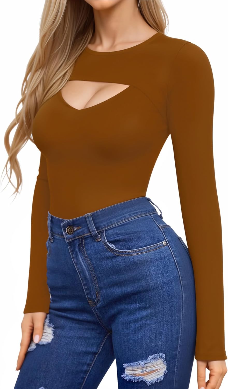 HERLOLLYCHIPS Womens Long Sleeve Tops Short Sleeve Cut Out Front Ribbed Fitted Sexy Casual Dressy Fall Tee T-Shirts Tshirt - Image 2