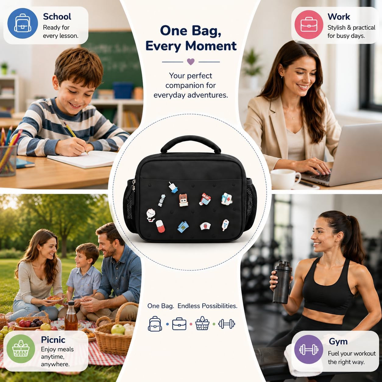 pVq Kids Insulated Lunch Bag with 10 Charms DIY Customizable Lunch Box for Boys & Girls, Leakproof Reusable Lunch Tote with Bottle Pocket for School Picnic & Travel (Black)