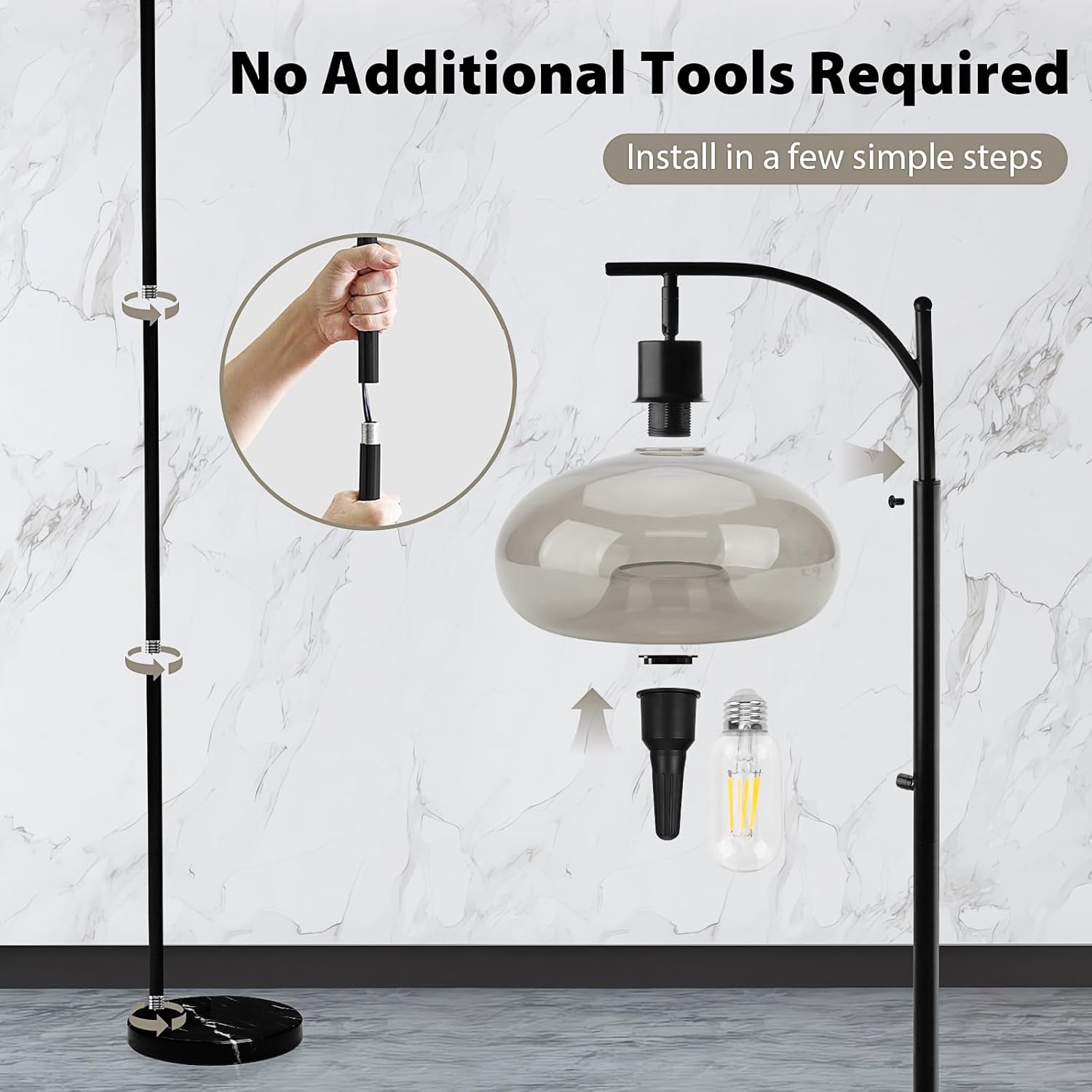 Floor Lamps for Living Room, Dimmable Modern Standing Lamps for Home Decor, Industrial Tall Pole Lamp for Office Bedroom, with Handblown Grey Glass Mushroom Shade and Marble Base, Bulb Included