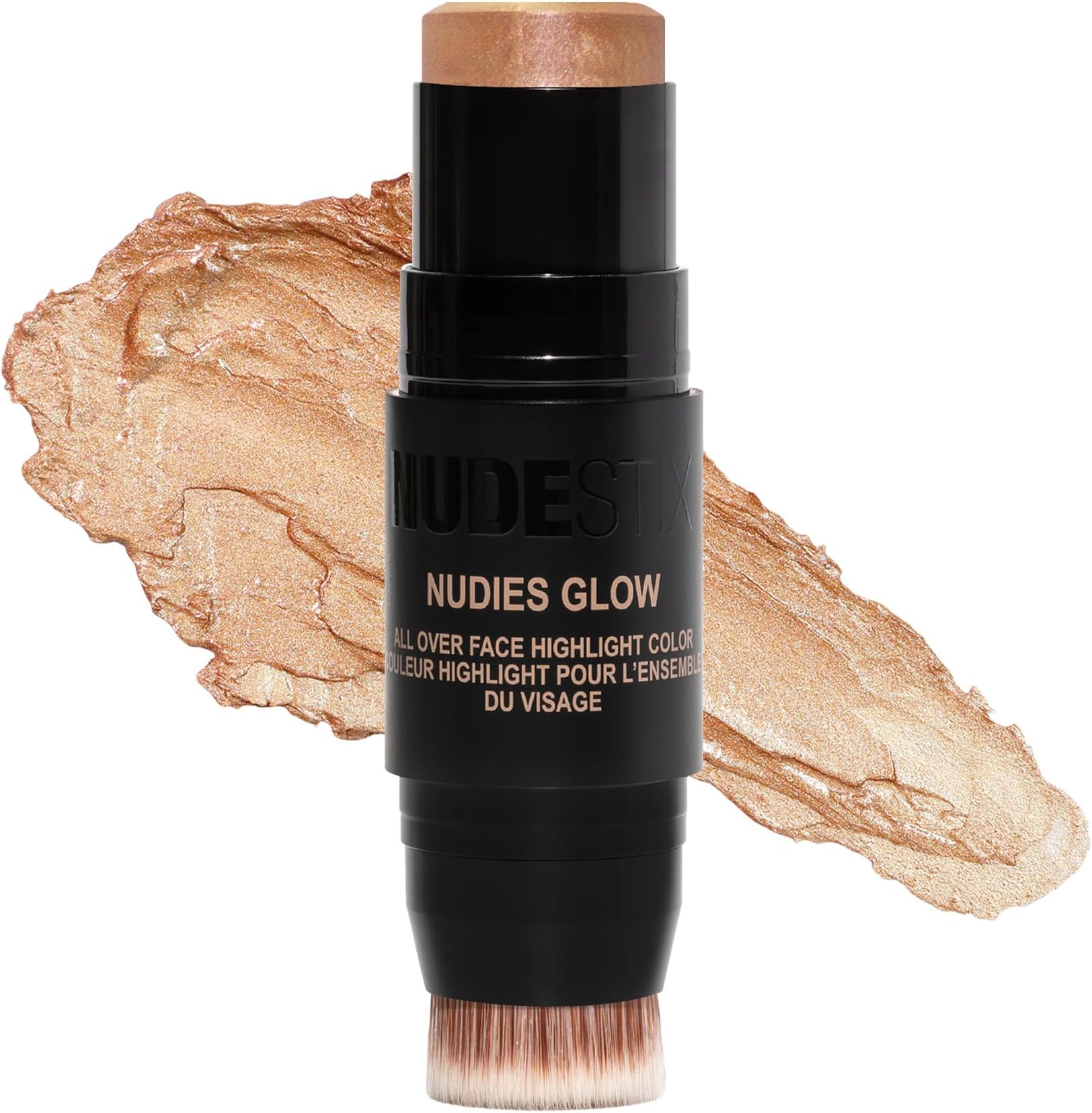 Nudies Glow Highlighter Stick โ Multi-Use Cream Highlighter for Cheeks, Eyes & Body with Built-In Brush | Dewy, Radiant Finish | Clean, Vegan & Travel-Friendly Makeup