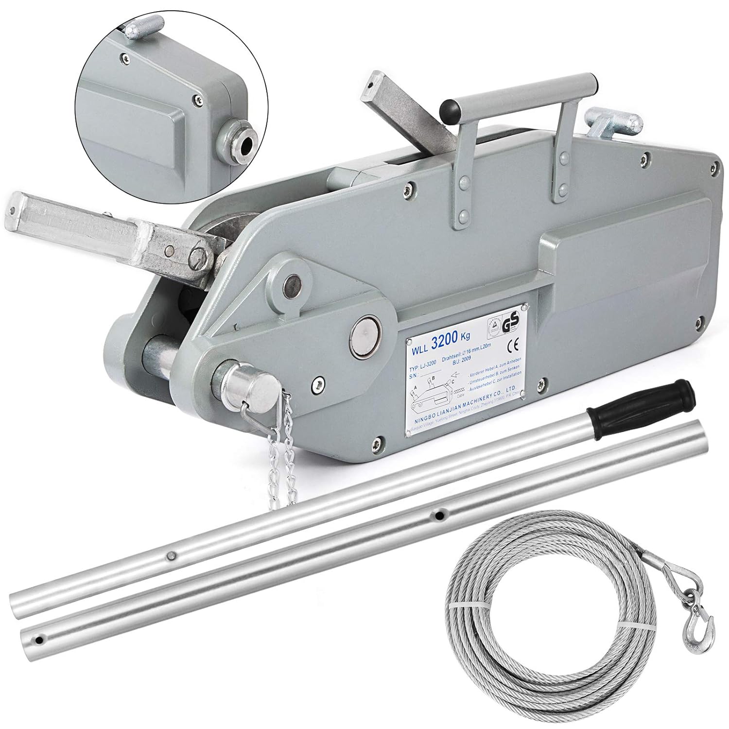 BestEquip Wire Rope Puller 3.2T/7055lbs Capacity Hand Winch Rope 20m