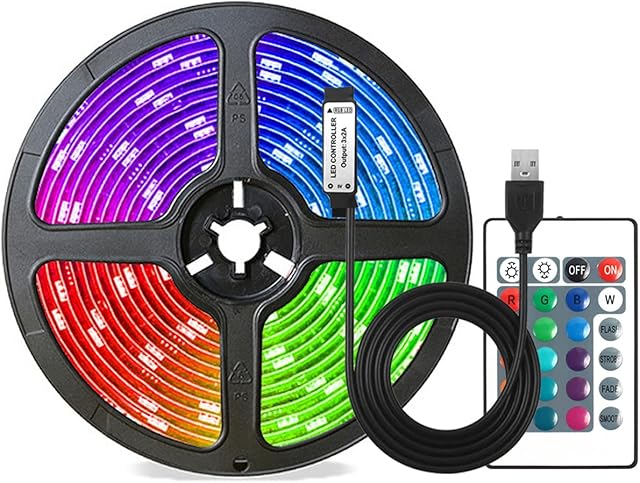 KPUPE USB LED Strip Lights with 24 Keys Remote, 16 Colors ,5 Volts, Safe, DIY for Indoor Decoration, TV Backlight (1m/3.28ft)