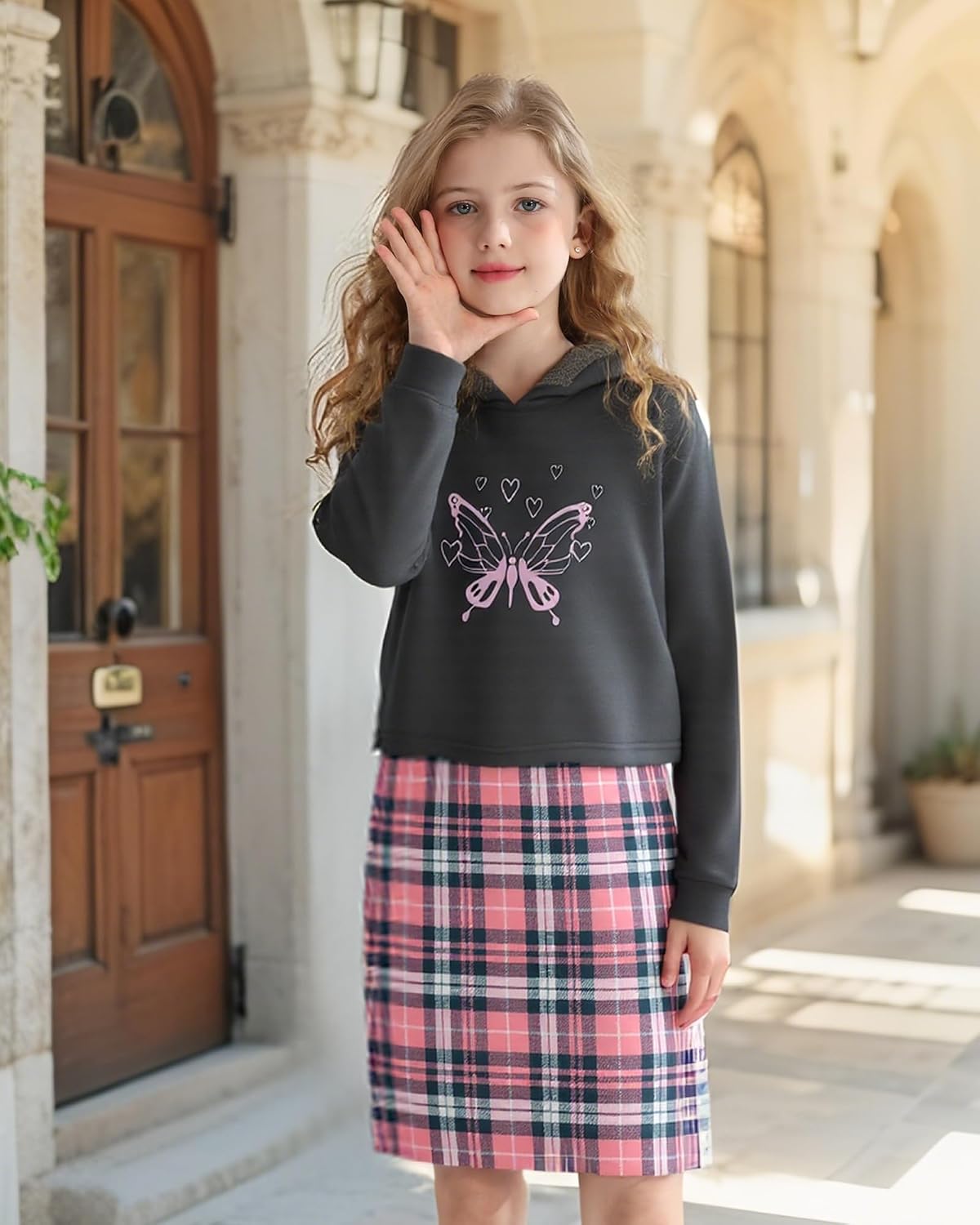 YOURUIKEY Girls 2 Piece Outfits Cami Dresses Hoodie Clothing Set Plaid Bodycon Dress Crop Top Sweatshirt Fall Winter Clothes