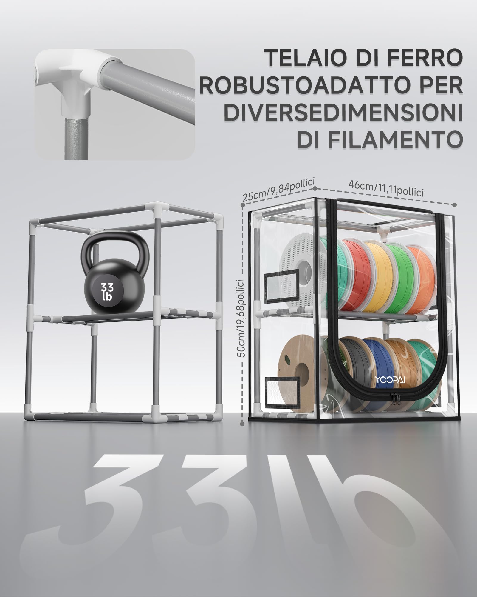 YOOPAI Scatola Portafilamenti per Stampanti 3D, 2 Ripiani in Metallo con Coperchio Trasparente & Essiccante – Per 12 Bobine (PLA, ABS, PETG, TPU), Design a Tenuta, Compatta per Officina e Casa