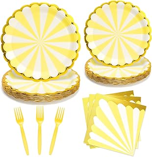 96PCS Party Plates, Yellow Paper Plates and Napkins, Disposable Tablewar...