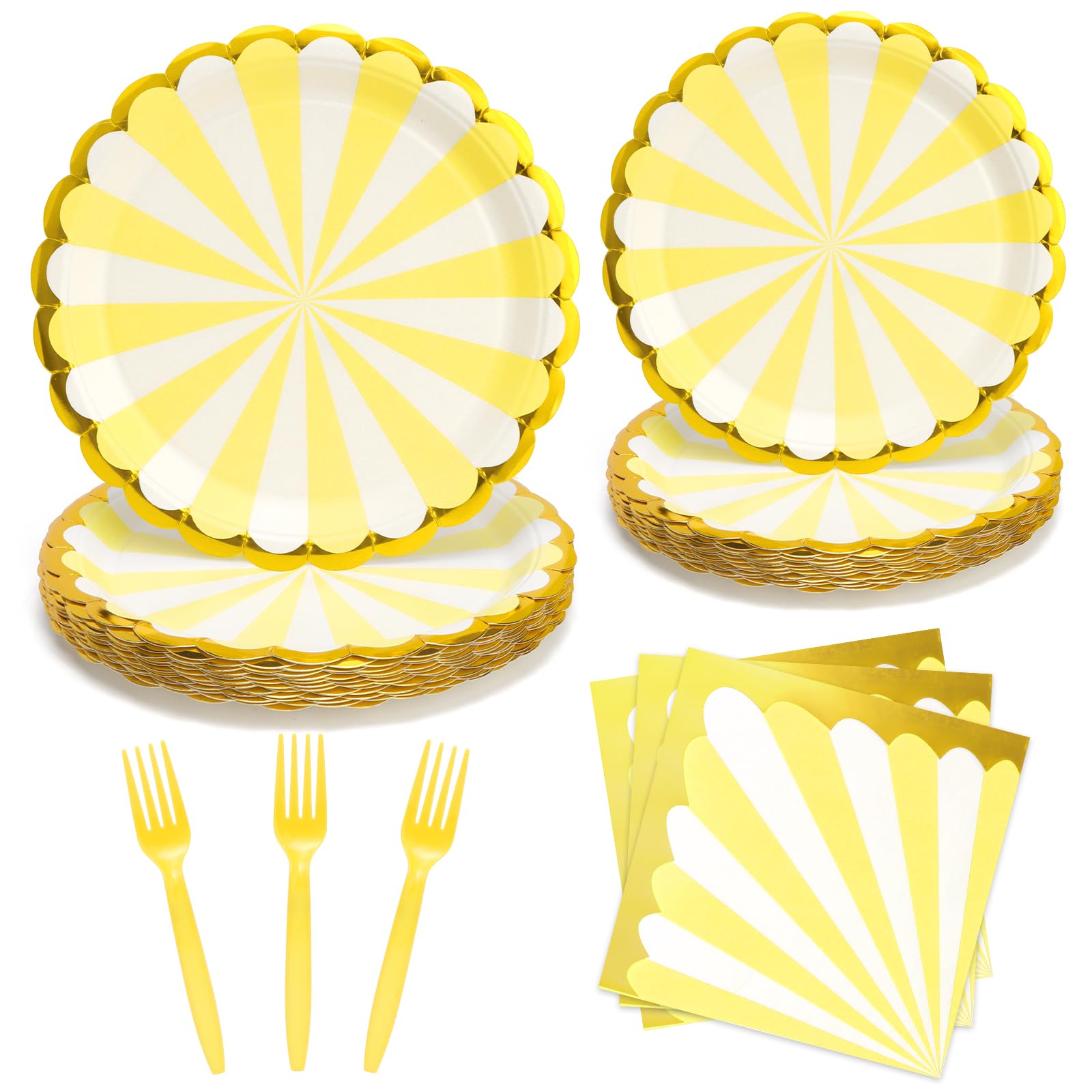 96PCS Party Plates, Yellow Paper Plates and Napkins, Disposable Tableware Set, Party Supplies for Kids Birthday Baby Shower Bridal Shower Picnic, Serve for 24 Guests, Yellow and White