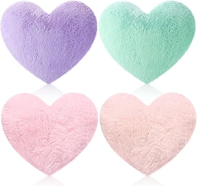 Remerry 4 Pcs Heart Shaped Cute Throw Pillows Faux Rabbit Fur Heart Pillow Soft Fluffy Throw Cushion Decorative for Bedroom Bed Sofa Kid Girls Women (Bright Color)
