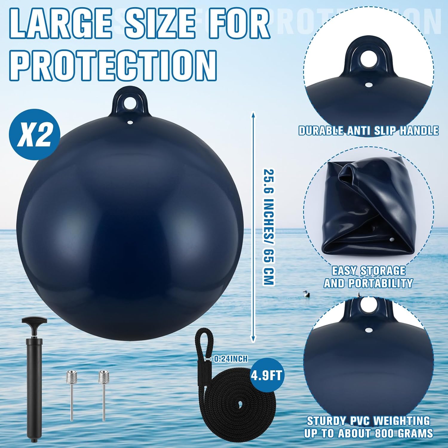 25 Inch Inflatable Bumper Balls Round Anchor Buoy Heavy Duty Marine Grade PVC Inflatable Mooring Buoy Professional Boat Shield with Fender Pump for Yachts Pontoons and Sailboats