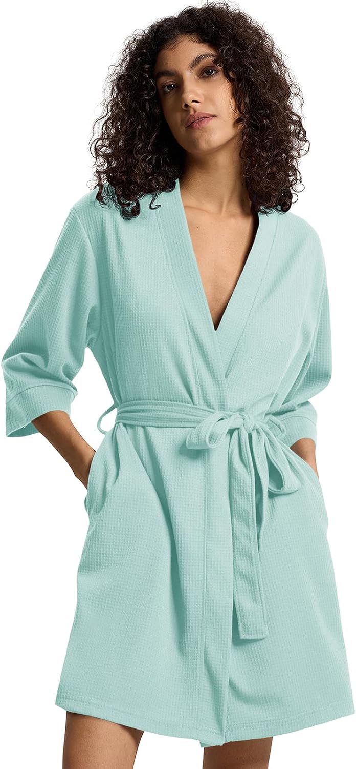 SIORO Women's Waffle Knit Lightweight Robe, Short Kimono Bathrobe with Pockets, Soft 3/4 Sleeve Loungewear for Spa & Summer - Image 4