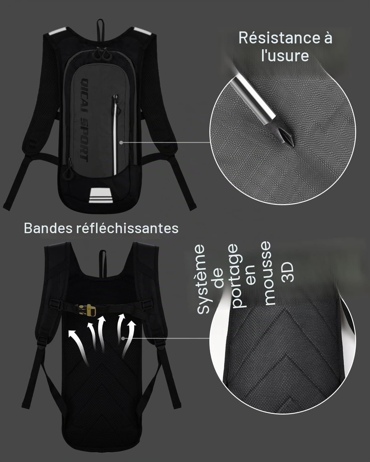 Sac à Dos Vélo VTT Léger, Sac a Dos Ski Homme Femme, Imperméable Sacs d'hydratation pour Cyclisme Course Randonnée Moto, Gris foncé