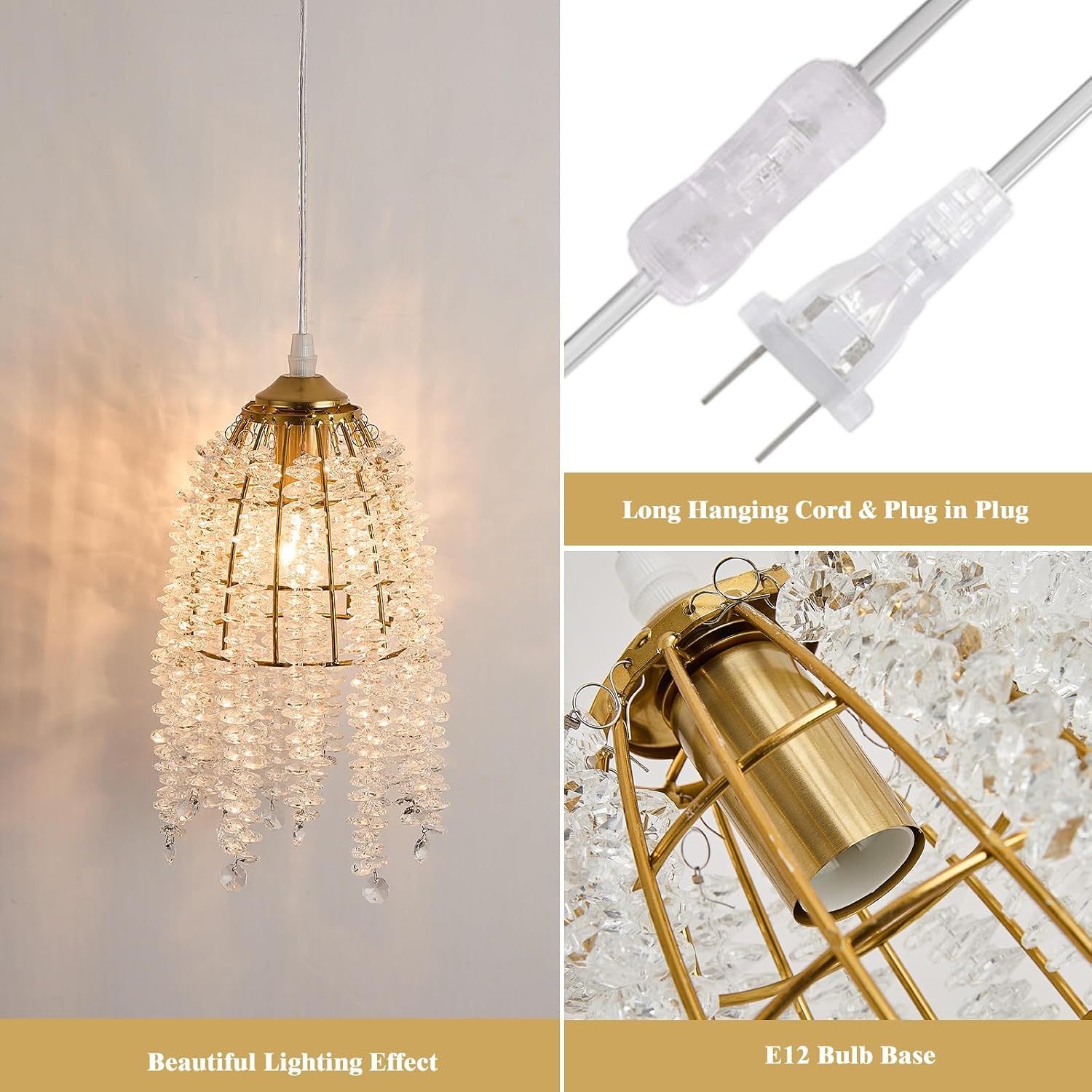 Surpars House Elegant Mini Chandelier Plug in Crystal Pendant Light,Golden (Plug in Style B)