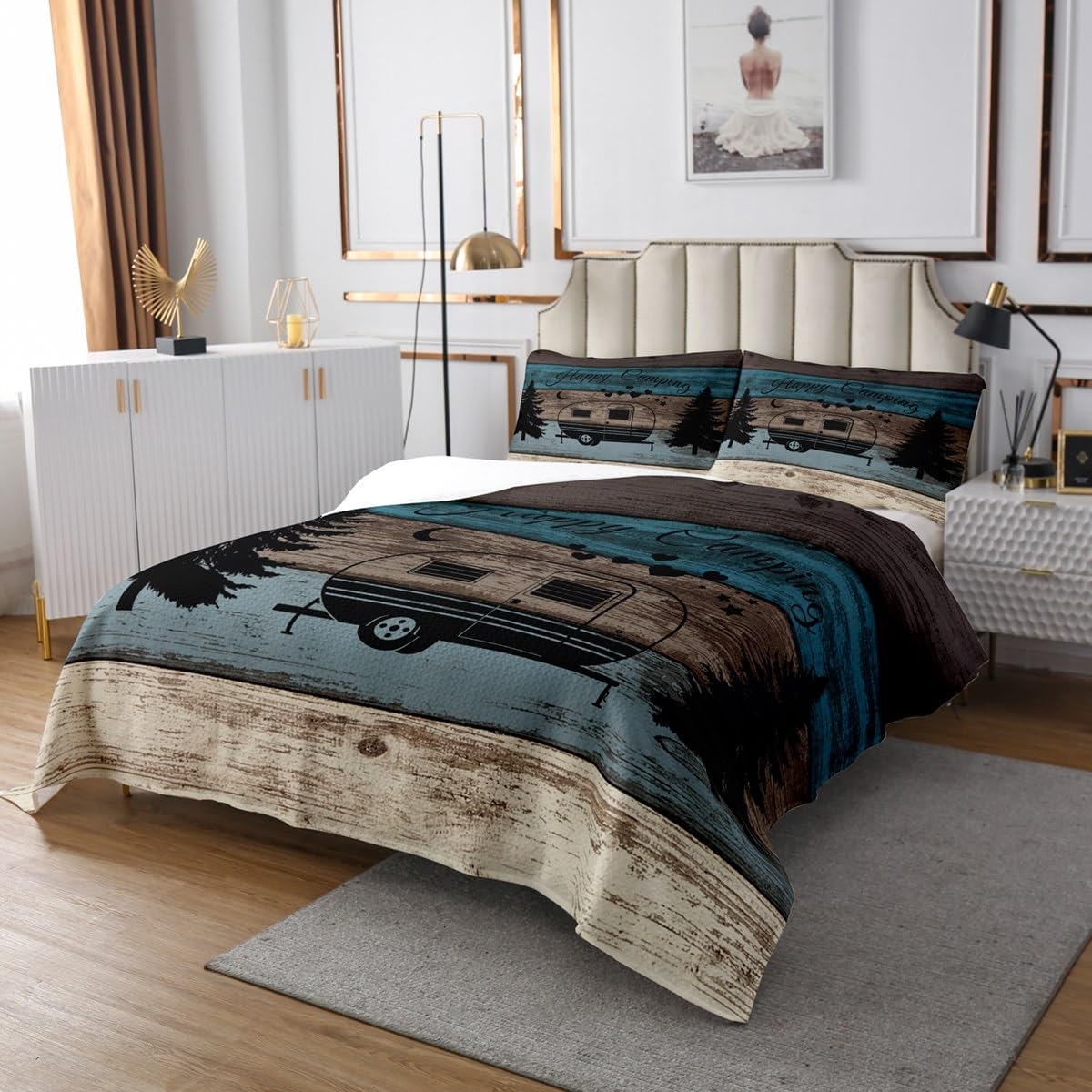 Juego de colcha rústica Happy Camping de microfibra suave de 3 piezas para cama King ligera