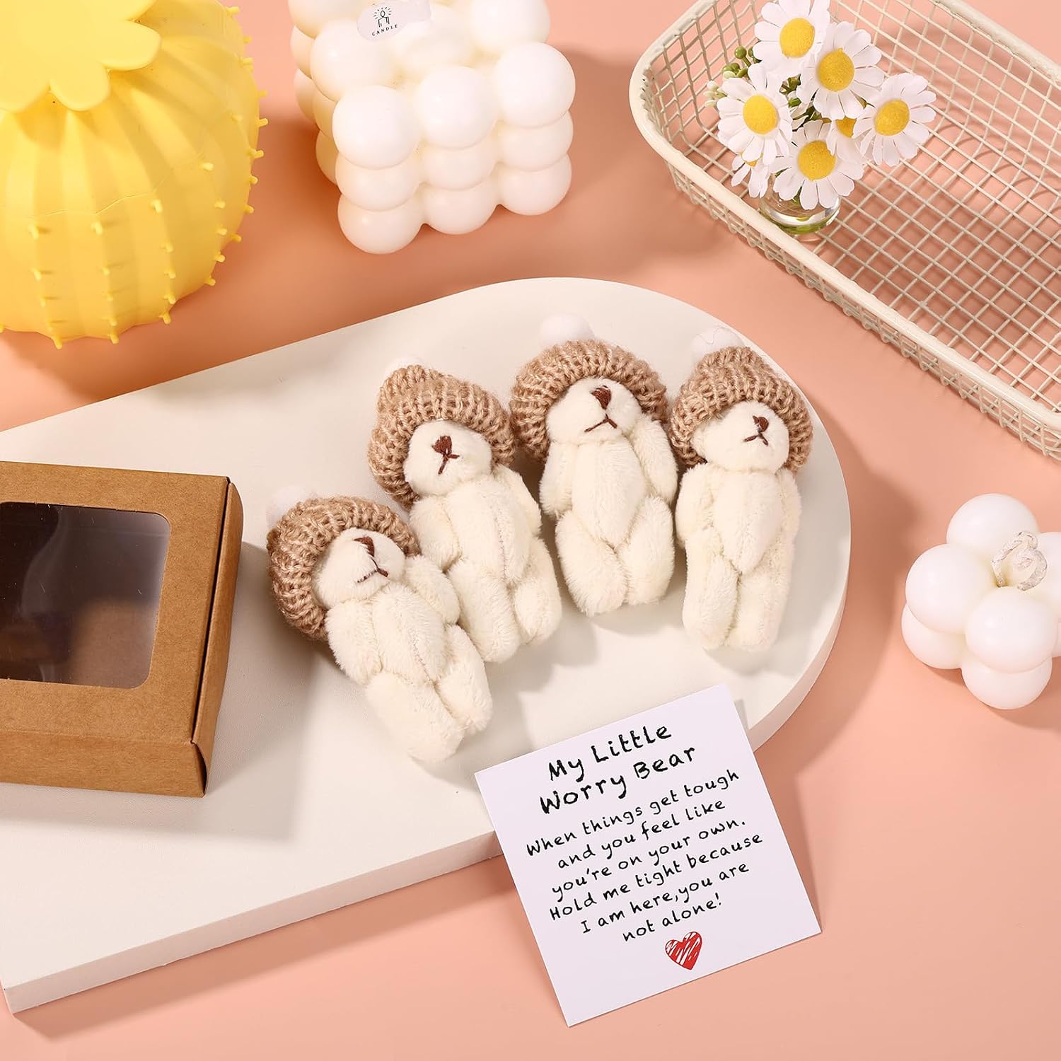 TOYMIS 4 Set Handmade Mini My Little Worry Bear with a Hat in Box, Cute Positive Small Pocket Hug Tiny Plush Doll Gift Card Thinking of You Support for Kids Friend Family Lover (White)