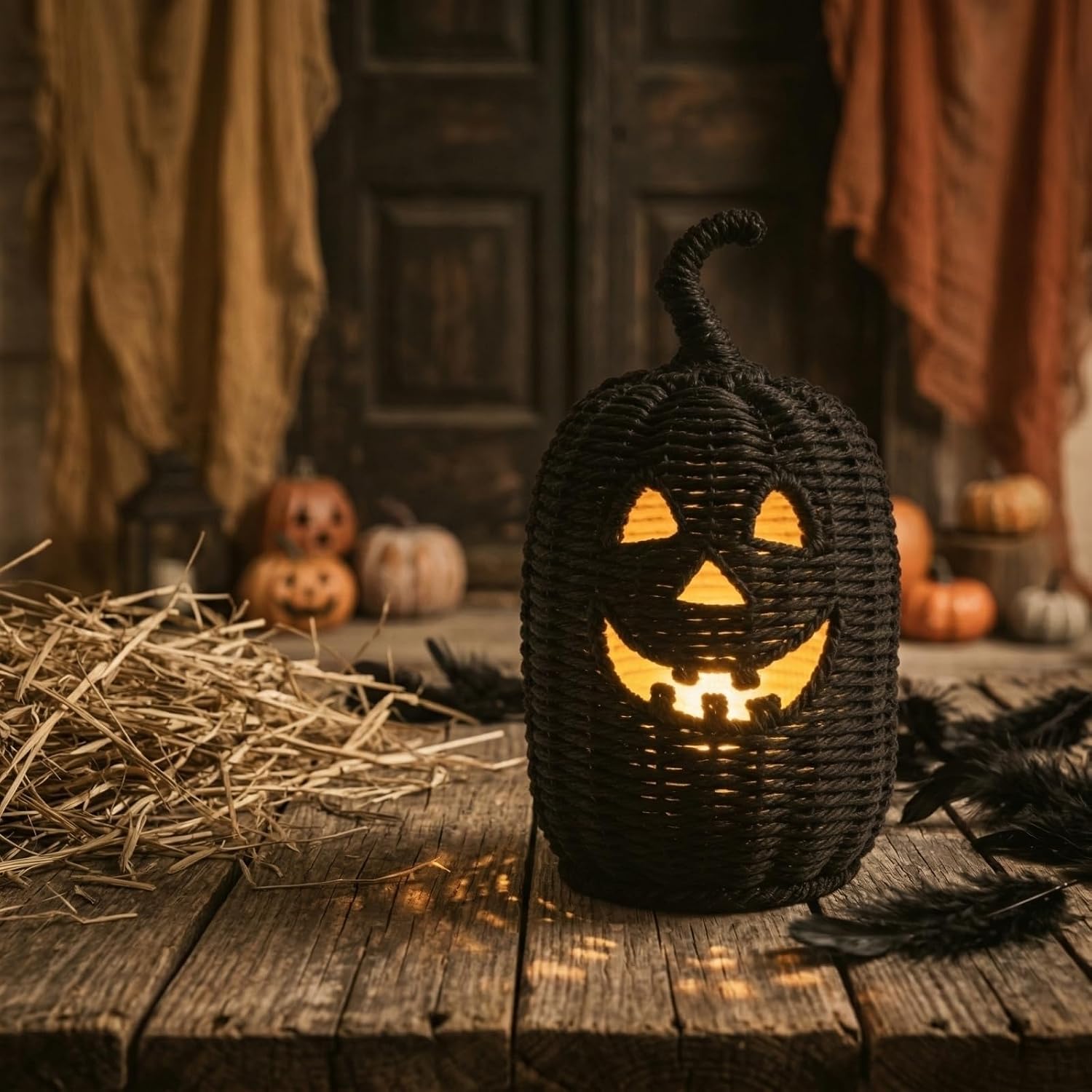 Handwoven Black Rattan Pumpkin Lantern, Light Up Lantern Tabletop Ornament for Halloween Indoor Home Party Decoration,Color