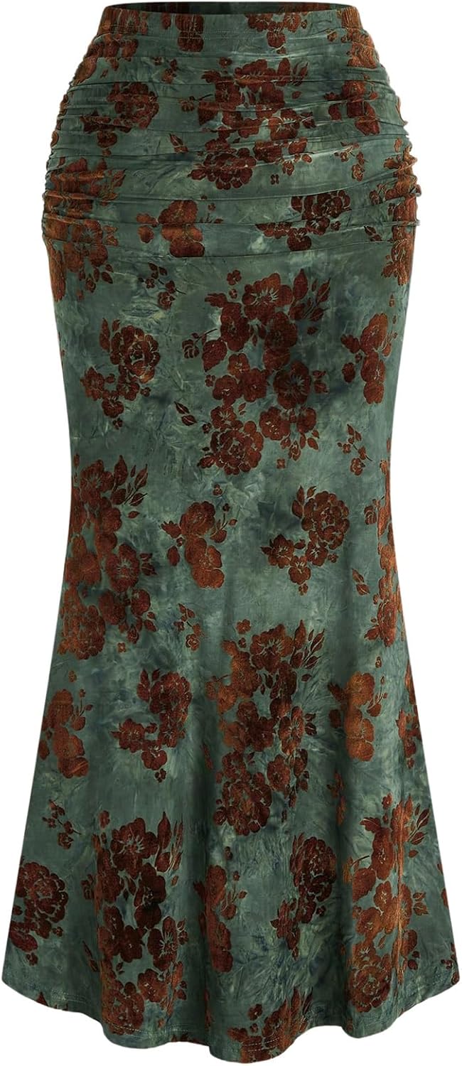 MakeMeChic Women's Plus Size Floral Maxi Skirt High Waist Ruched Fishtail Bodycon Skirts