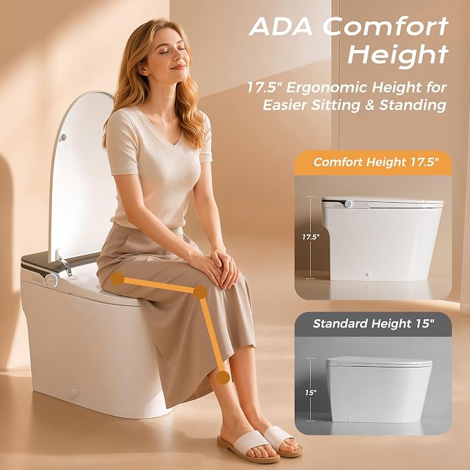Inodoro inteligente con bidé integrado, descarga automática, tapa que se abre y cierra automáticamente, sensor de pie, asiento calefactado, lavado con agua tibia, secador de aire caliente, desodorizador, luz nocturna y control remoto (gris) miniatura 7