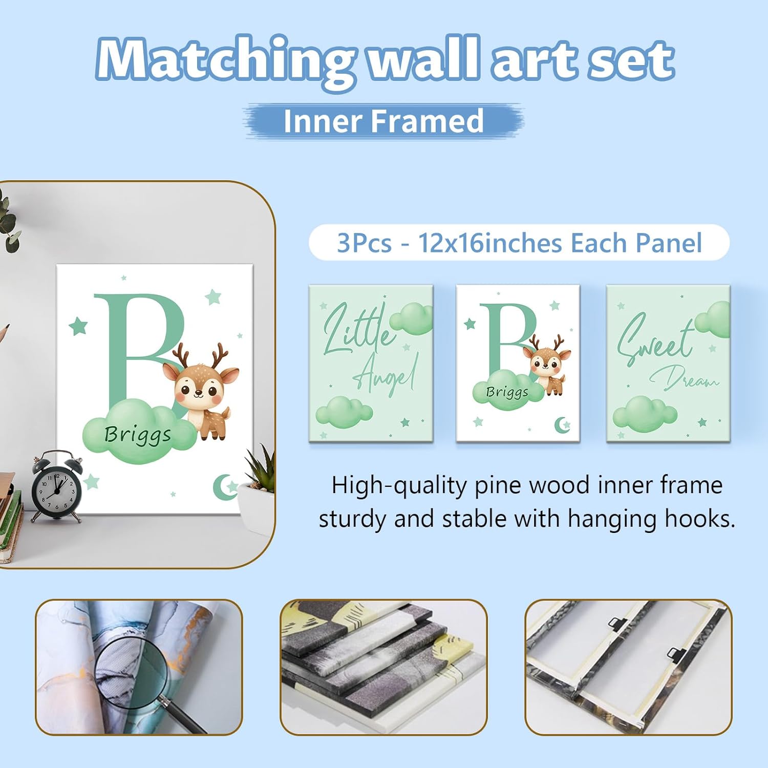 Custom Crib Bedding Set, 5 Pcs Personalized Name Monogram Baby Crib Sets for Infants Toddlers, Green Deer Nursery Bedding Set for Boys Girls, Double Layer Baby Bedding Sets Customized Gifts