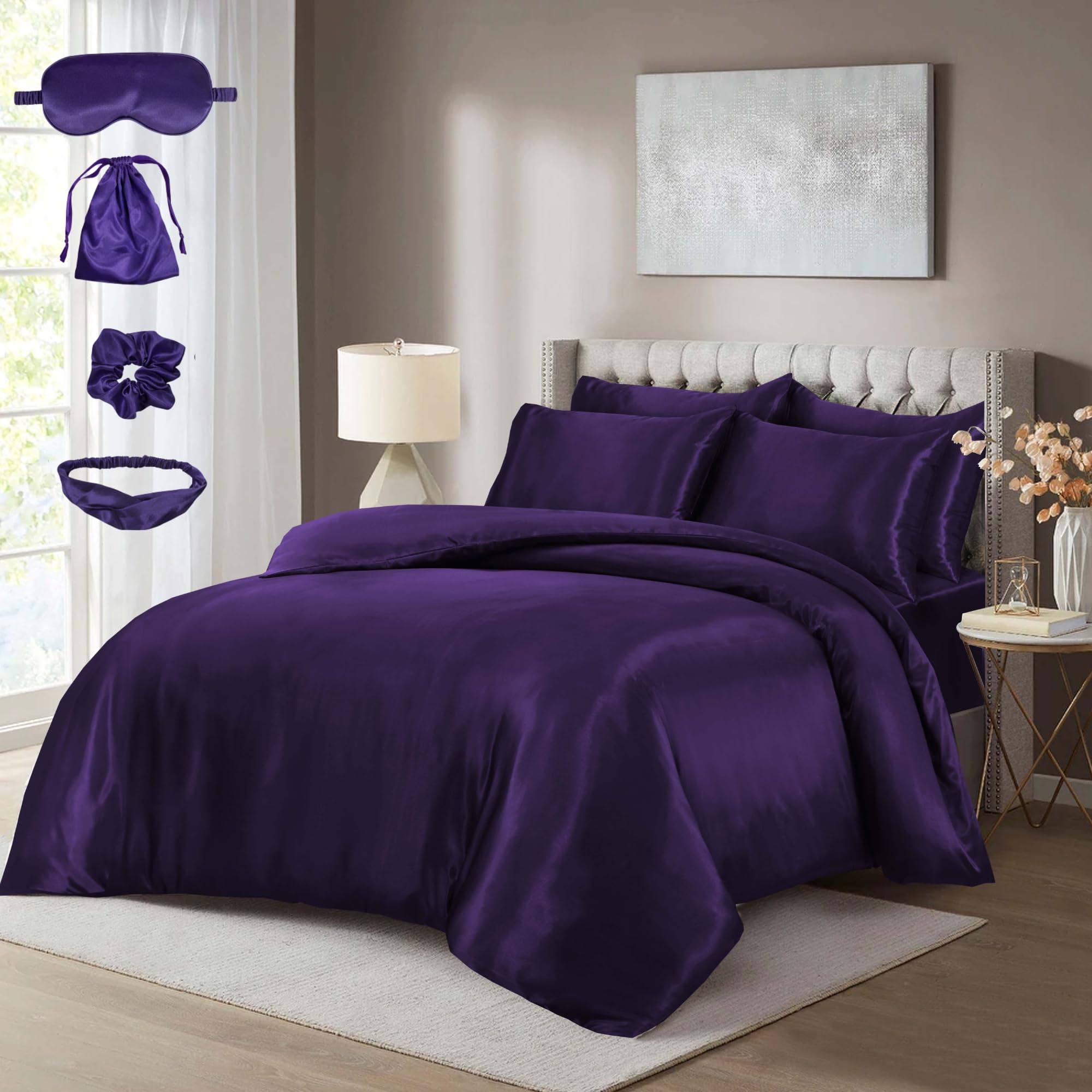 BOSKI LONDON Luxury 10 Piece Satin Silk Complete Bedding Set | Duvet Cover, Fitted Sheet, Pillowcases & Accessories | Silky Satin Bedding Set Single Double King Super King (AUBERGINE, SUPER KING)