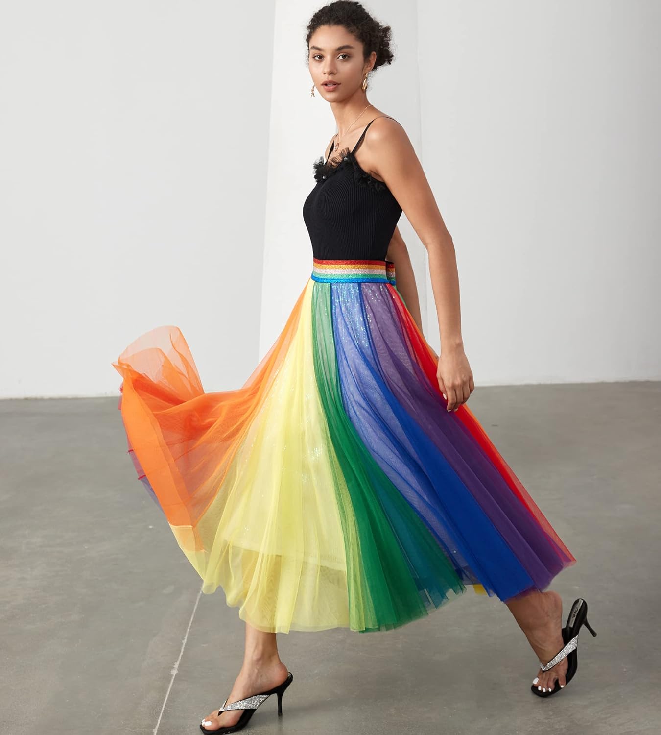 Women Pleated Long Tulle Skirt High Elastic Waist Swing Casual Midi Skirt - Image 5