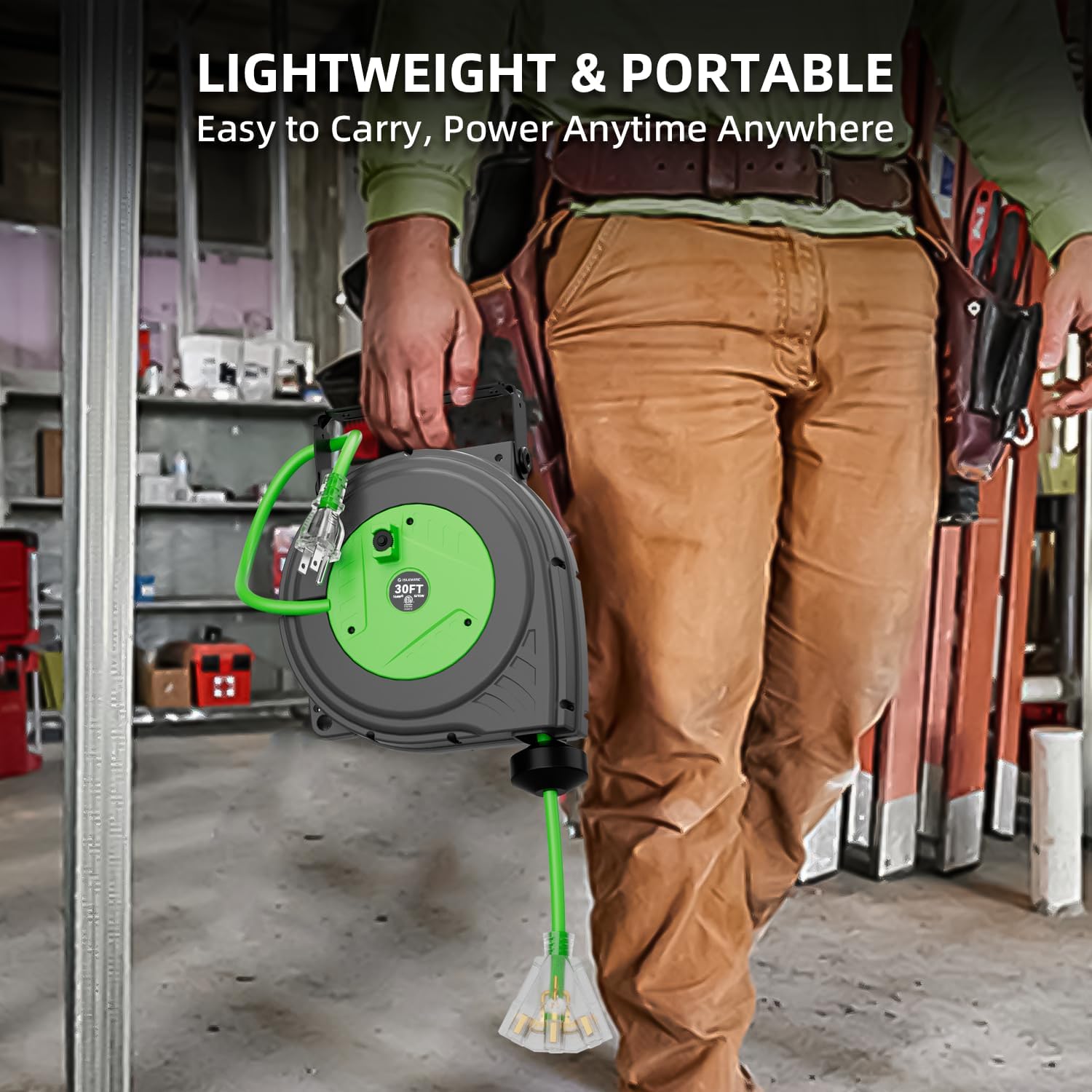30FT Retractable Extension Cord Reel, 16AWG/3C SJTOW Heavy Duty Power Cord Reel with Lighted Triple Outlets, 10A Circuit Breaker, Lightweight Ceiling/Wall Mount Reel for Garage, ETL Listed, Green