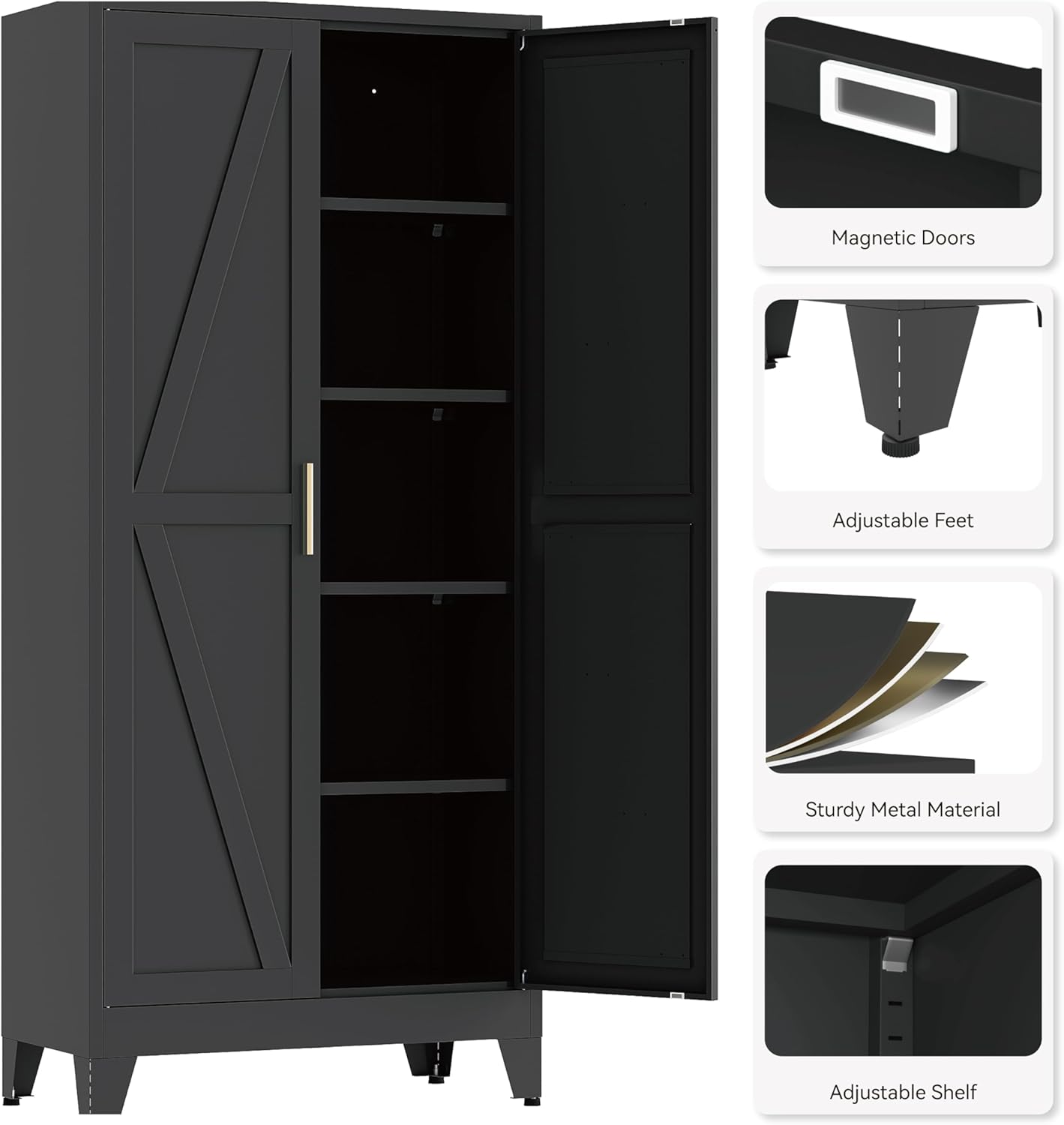 71" Tall Pantry Cabinet, White Metal Pantry Storage Cabinet, Kitchen Pantry Storage Cabinets with 2 Door and 4 Adjustable Shelves (Black, 71" H)