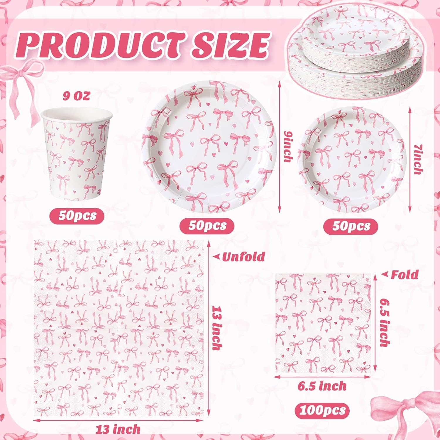 Pickmesh 250 Pcs Bow Birthday Decorations Pink Bow Plates Napkins and Cups Pink Coquette Birthday Party Decoration Bridal Shower Dinnerware Sets Serve 50 Disposable Tableware for Wedding Party Decor