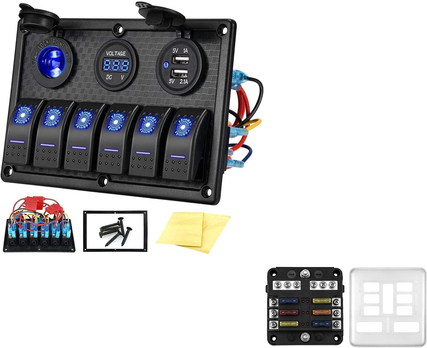 Bundle: Kohree 6 Gang 12V Waterproof Marine Boat Rocker Switch Panel & 6 Way 12V Fuse Box 12 Volt Fuse Block with LED Indicator.